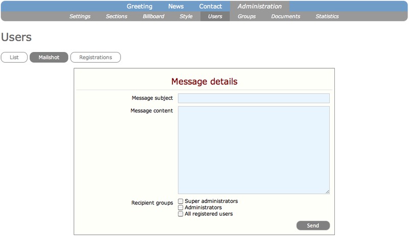 Screenshot of the Mailshot facility