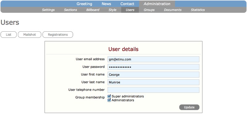 Screenshot showing user's details form