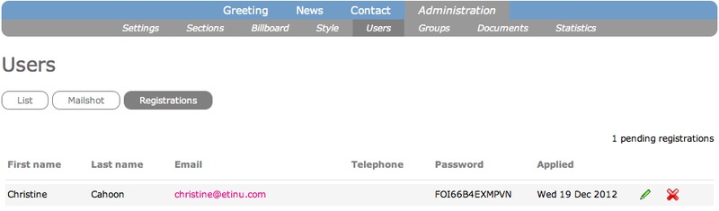 Screenshot of outstanding registrations