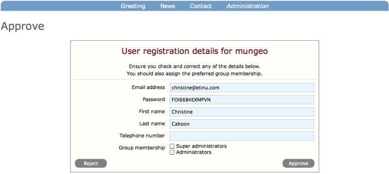 Screenshot showing the form to reject or approve the registration