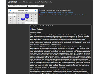 Events showing calendar, list of events for a month and event details